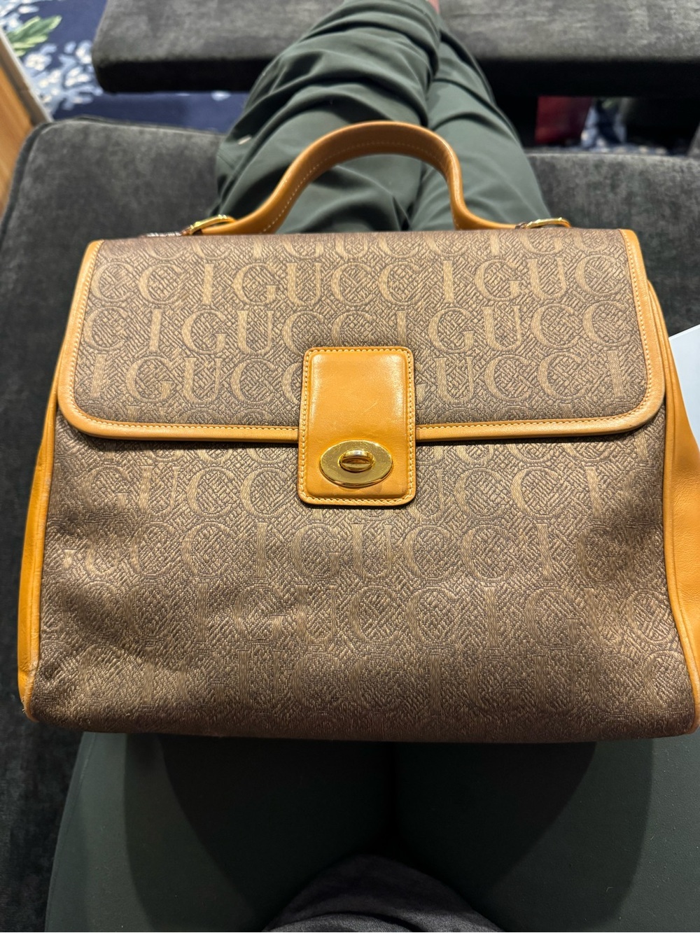 Gucci Brown Monogram Canvas Satchel with Tan Leather Trim